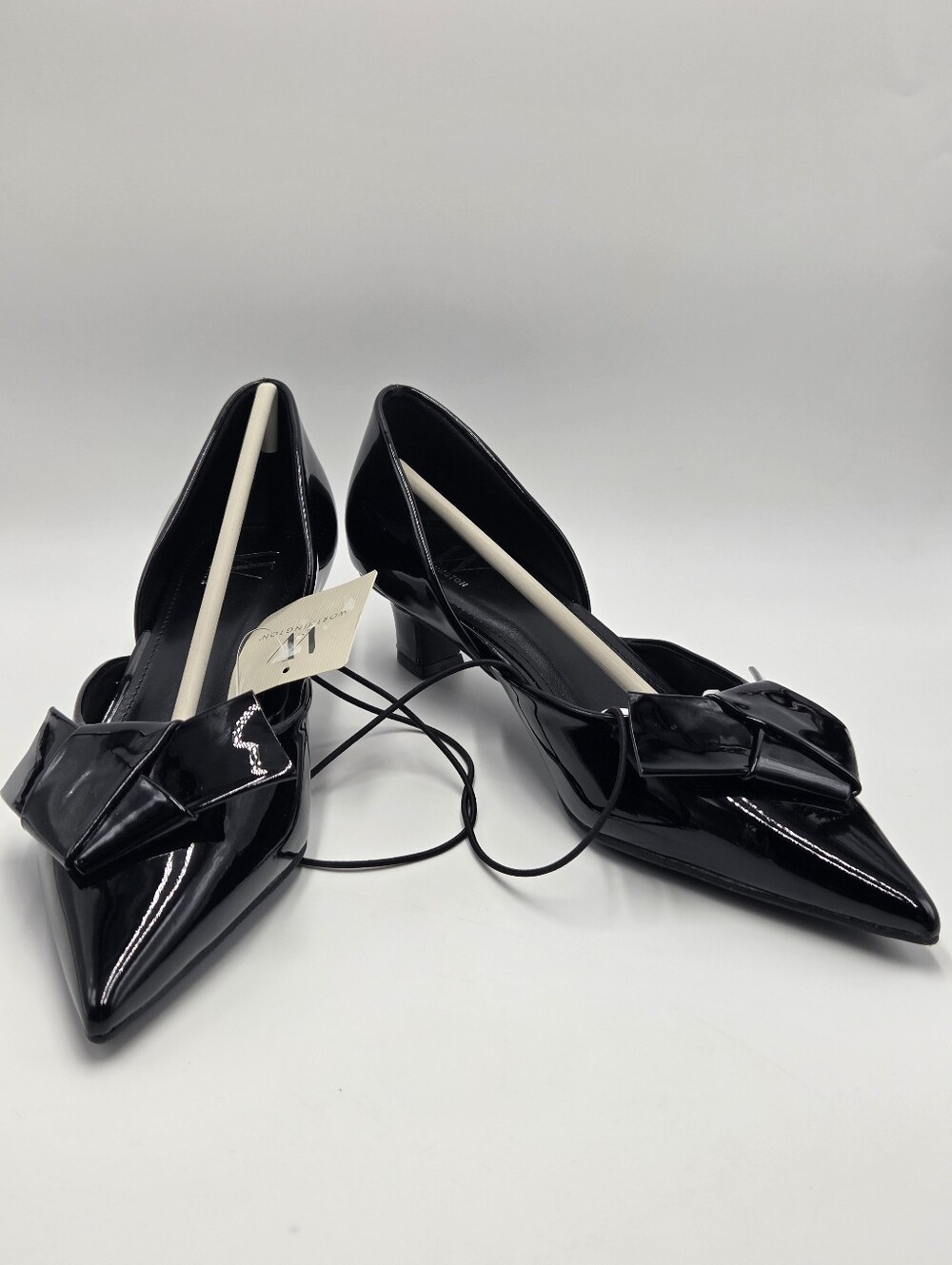Worthington Colony Black Patent Pointed Toe Low Heel Pumps with Bow